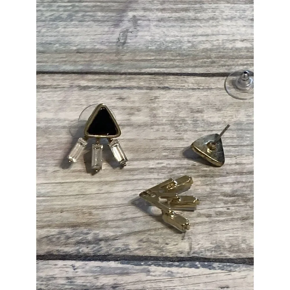 Black Gold Tone 3 pcs EARRINGS‎ Posts Triangle Rhinestones Costume Jewelry
